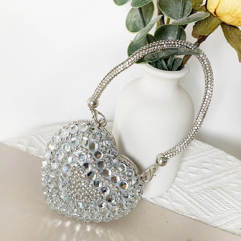 Ladies Mini Sparkling Heart Shape Diamond Evening Clutch Fashion Rhinestones Purse Bag