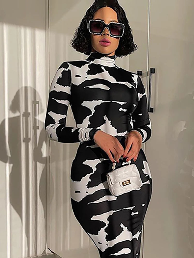 Turtleneck Cow Print Bodycon Maxi Dress