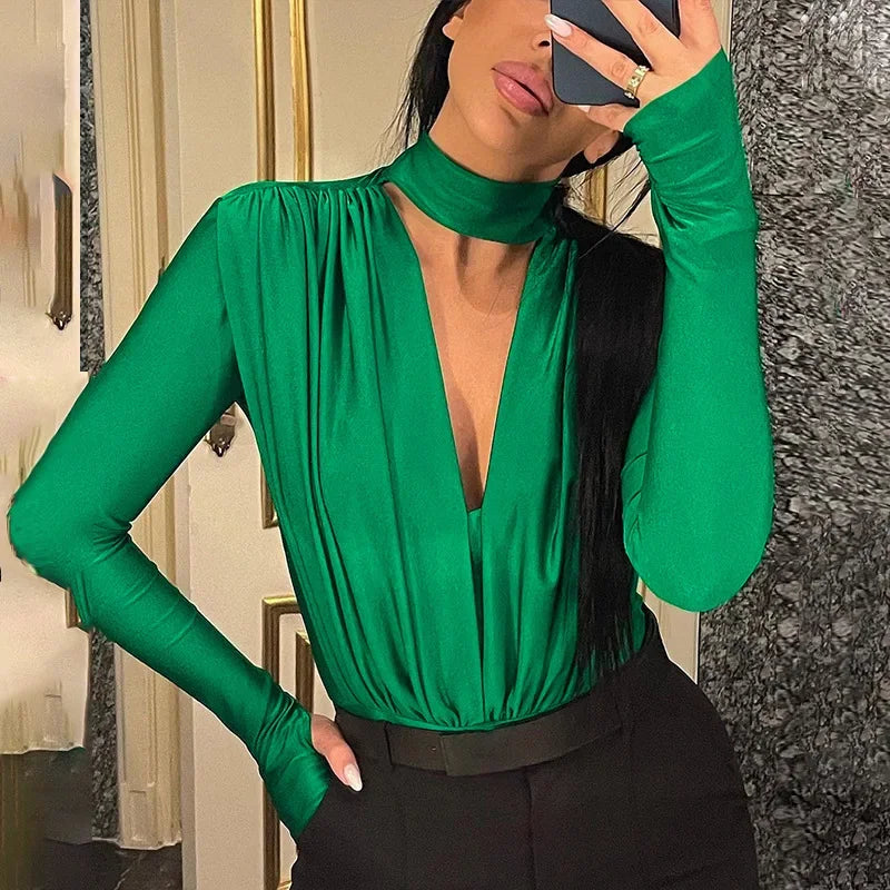 Sexy V-Neck Bodysuits Women Solid Color Slim Fits Sheath Bottom Splicing Long Sleeve Bodysuits Tops High Waist Casual Bodysuits