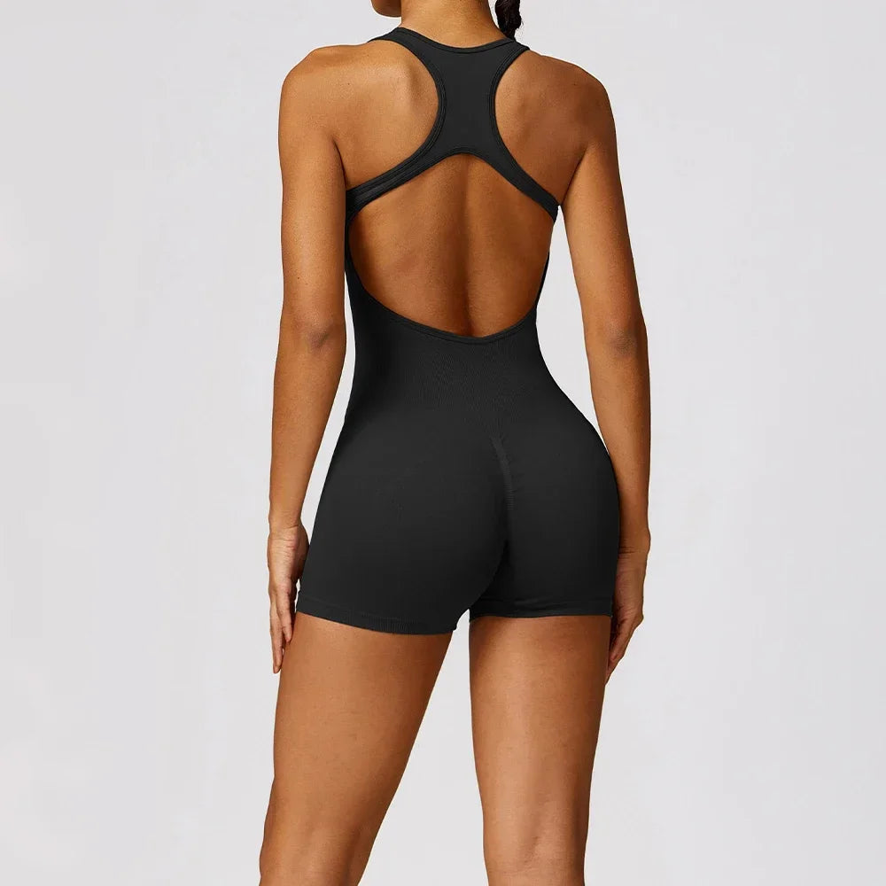 Seamless Gym Sport Short Jumpsuit Women Romper Hollow Backless Scrunch Sexy Monkeys One Piece Outfit Fitness Overalls Playsuit