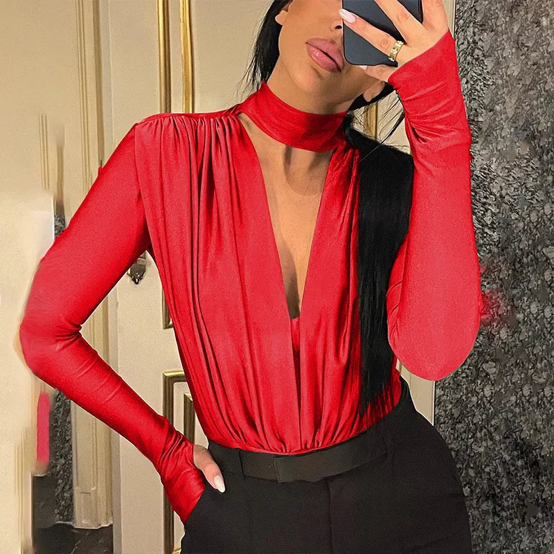 Sexy V-Neck Bodysuits Women Solid Color Slim Fits Sheath Bottom Splicing Long Sleeve Bodysuits Tops High Waist Casual Bodysuits