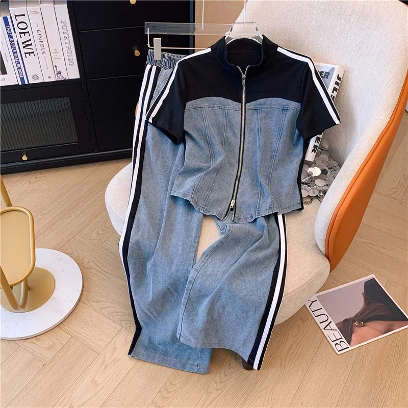 Summer New Stitched Zipper T-shirt top Female Set Elegant Women's Jeans Casual Blouse Two Piece Set Ladies Tracksuits big