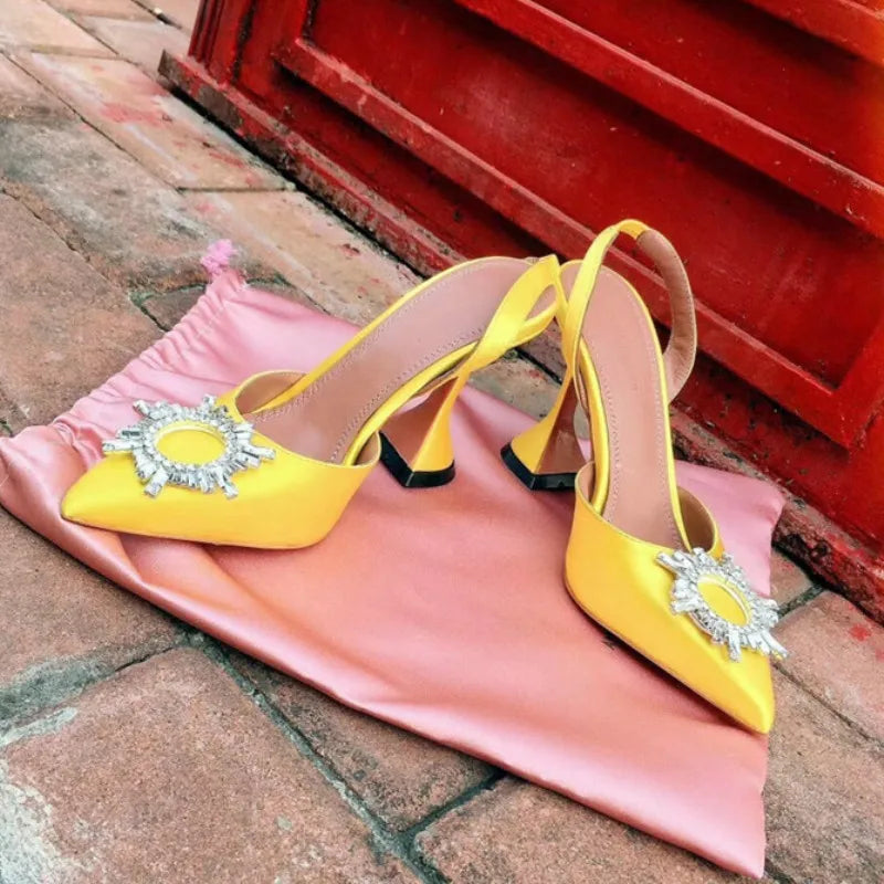 Women Pumps Silk Satin Pointy Toe Rhinestone Crystal High Heels