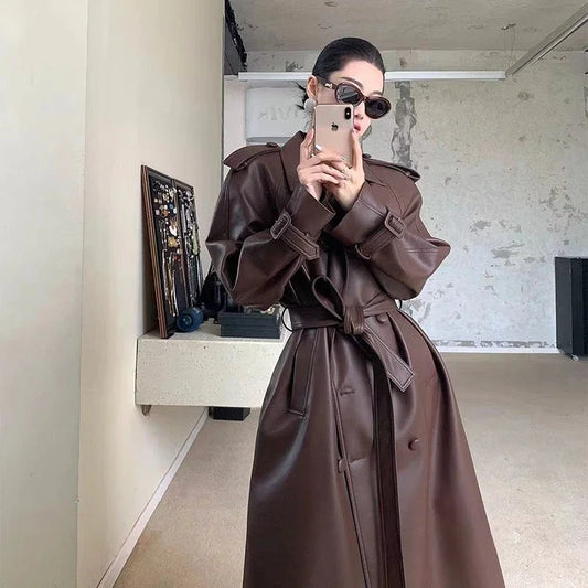 2024 Women New Fashion With Belt Long Style Single Breasted Faux Leather Coat Vintage Long Sleeve Pockets Female Outerwear