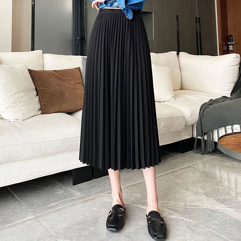 Elegant Green Pleated A Line Skirts for Women 2024 Fashion Satin High Waist Long Skirts Woman Spring Summer Solid Basic Skirt