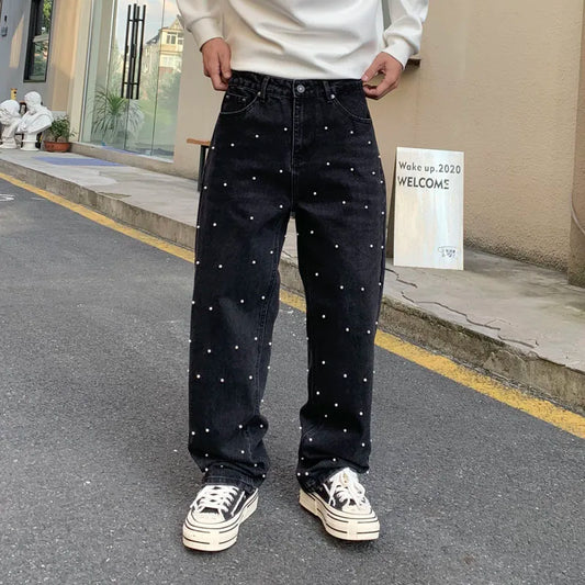 Korean Fashion Straight Jeans Men Heavy Industry Beads American Street Wear New Loosen Fit Mid Waist Denim Pants Autumn