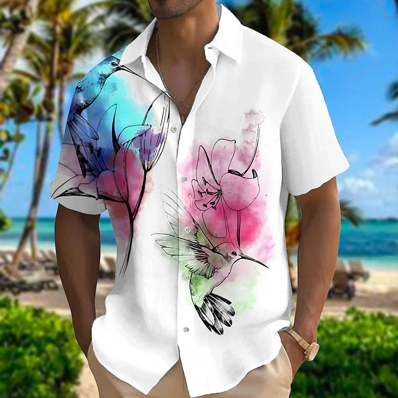 2023 NEW Spring And Autumn 3D Color Splash Parrot Print men's long-sleeved Shirt Solid Color Stand Collar Casual Style Plus Size