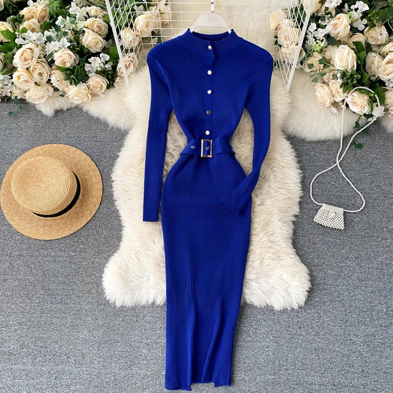 REALEFT Autumn Winter Stand Collar Women's Knitted Dresses Sashes 2024 New Long Sleeve Solid Casual Sheath Wrap Dresses Female