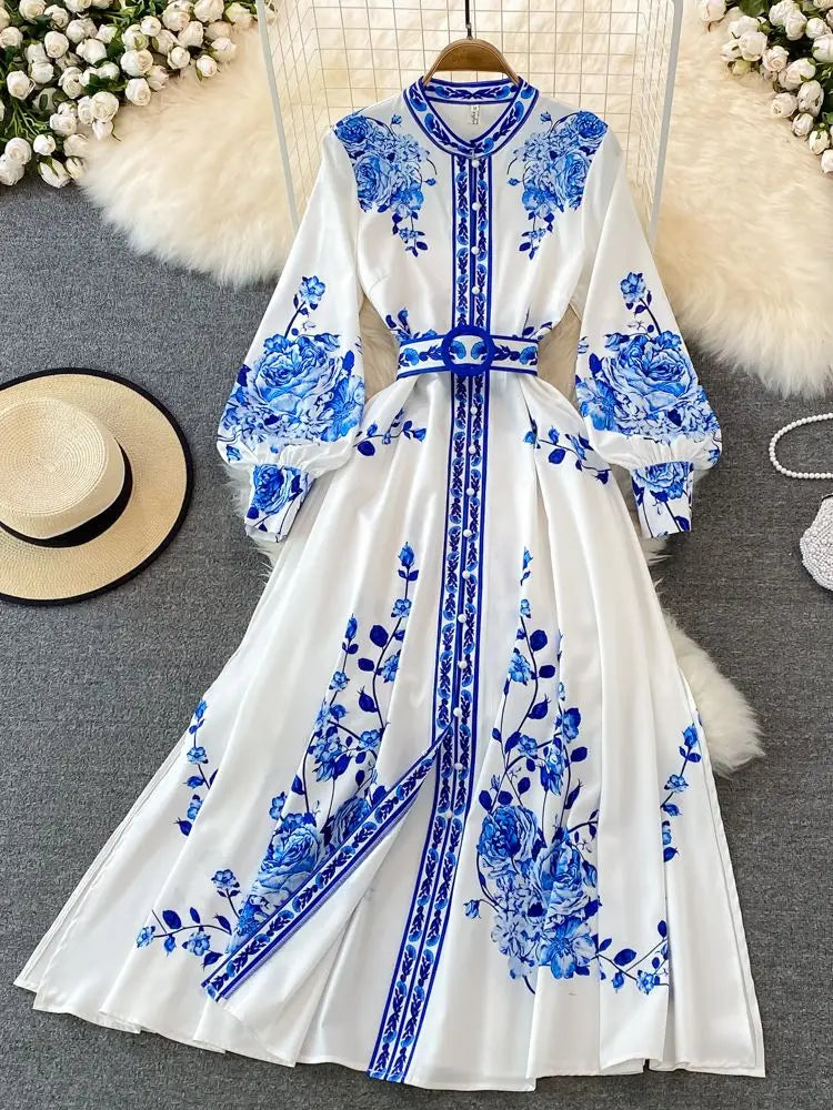 Fashion Blue And White Porcelain Flower Print Dress Women Clothing Long Lantern Sleeve Single Breasted Belt Vintage Vestidos