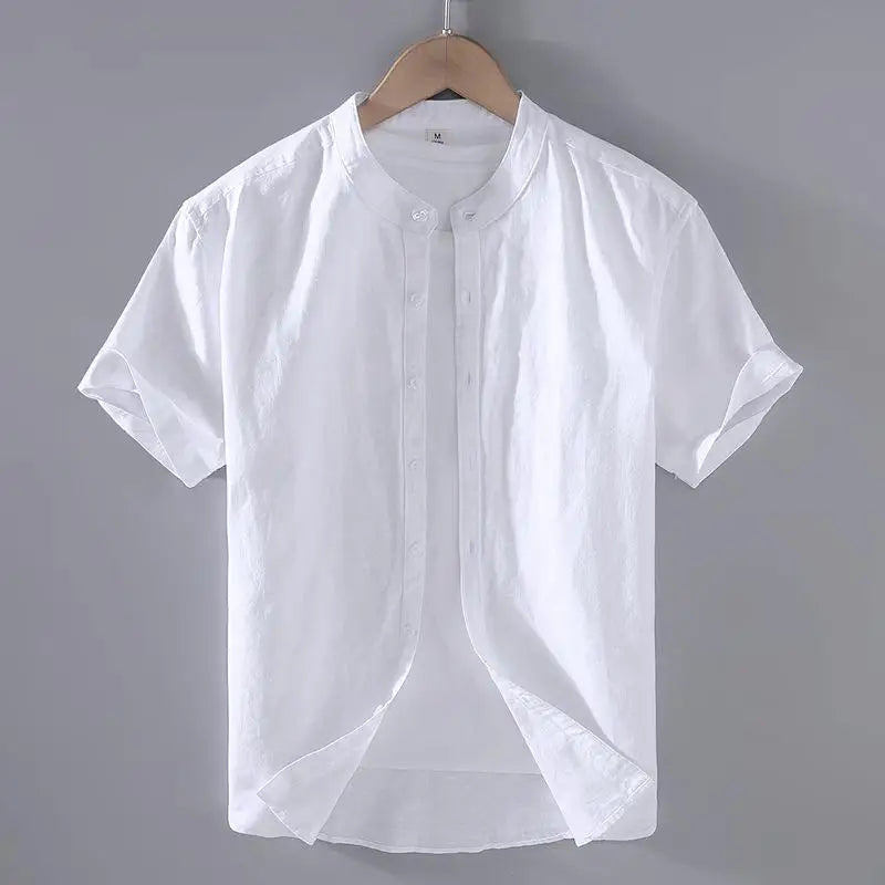 Cotton Linen Hot Sale Men's Short-Sleeved Shirts Summer Streetwear Plain Color Stand Collar Casual Beach Style Plus Size M-3XL