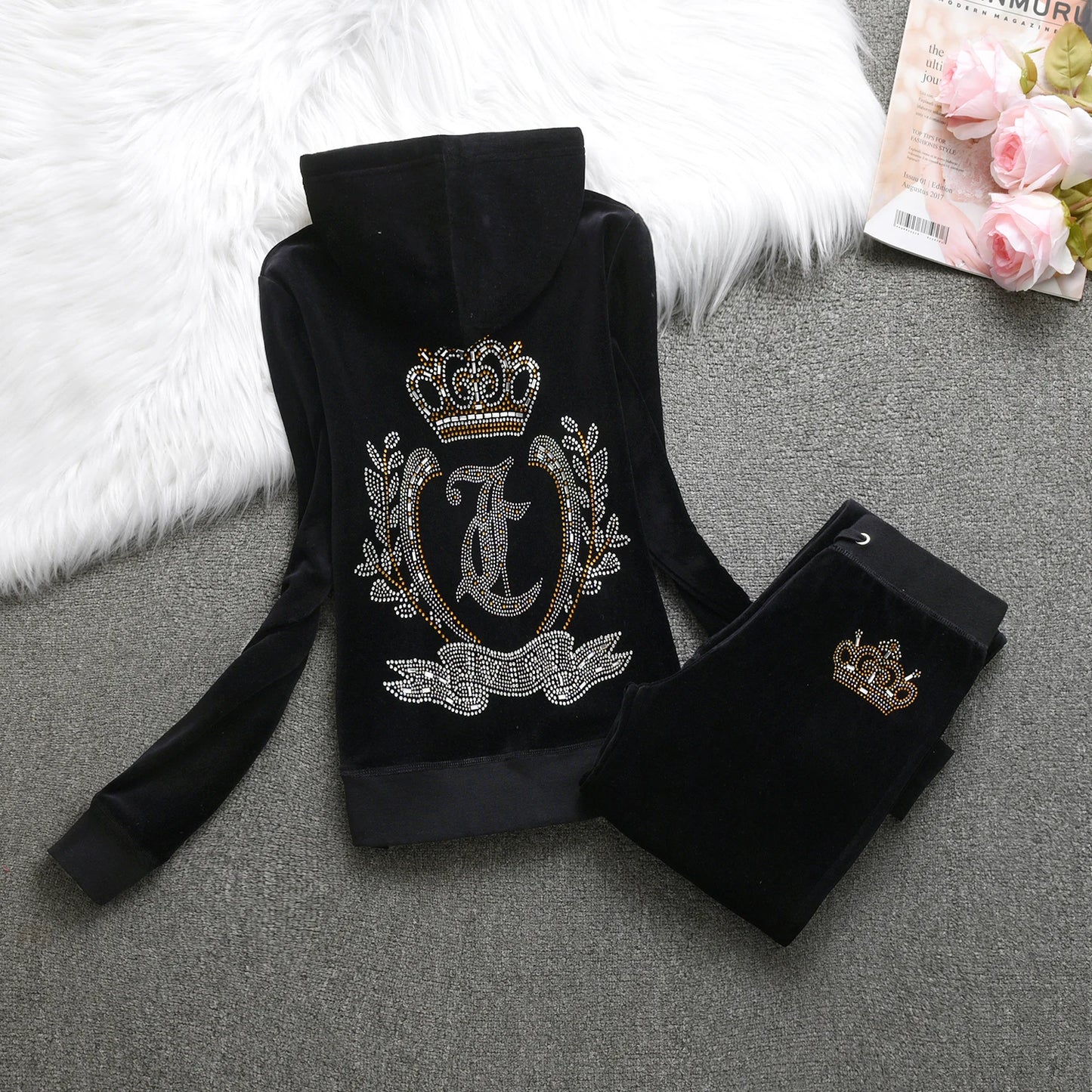 Velvet Tracksuit  New Winter Women Hooded Velvet Suit American Streetwear Casual Hooded Sweatshirt 2pc Casual Women's Suit