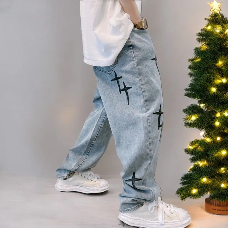 New Embroidery Jeans Men Wide Leg Cargo Pants Streetwear Baggy Men Loose Straight Male Clothing Y2K Jeans Hip Hop Trousers