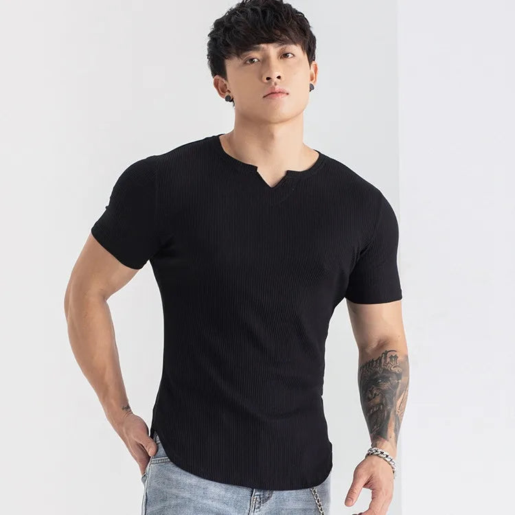 Mens T Shirt V Solid V Collar Short Sleeved Tops Tees Men T-Shirt Black Tights Man T-Shirts Fitness For Male Clothes Fitness 2XL