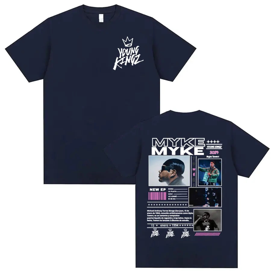 Rapper Myke Towers Young Kingz Album Graphics T Shirts Men Women Fashion Vintage Hip Hop T-shirt Casual Cotton Oversized T Shirt