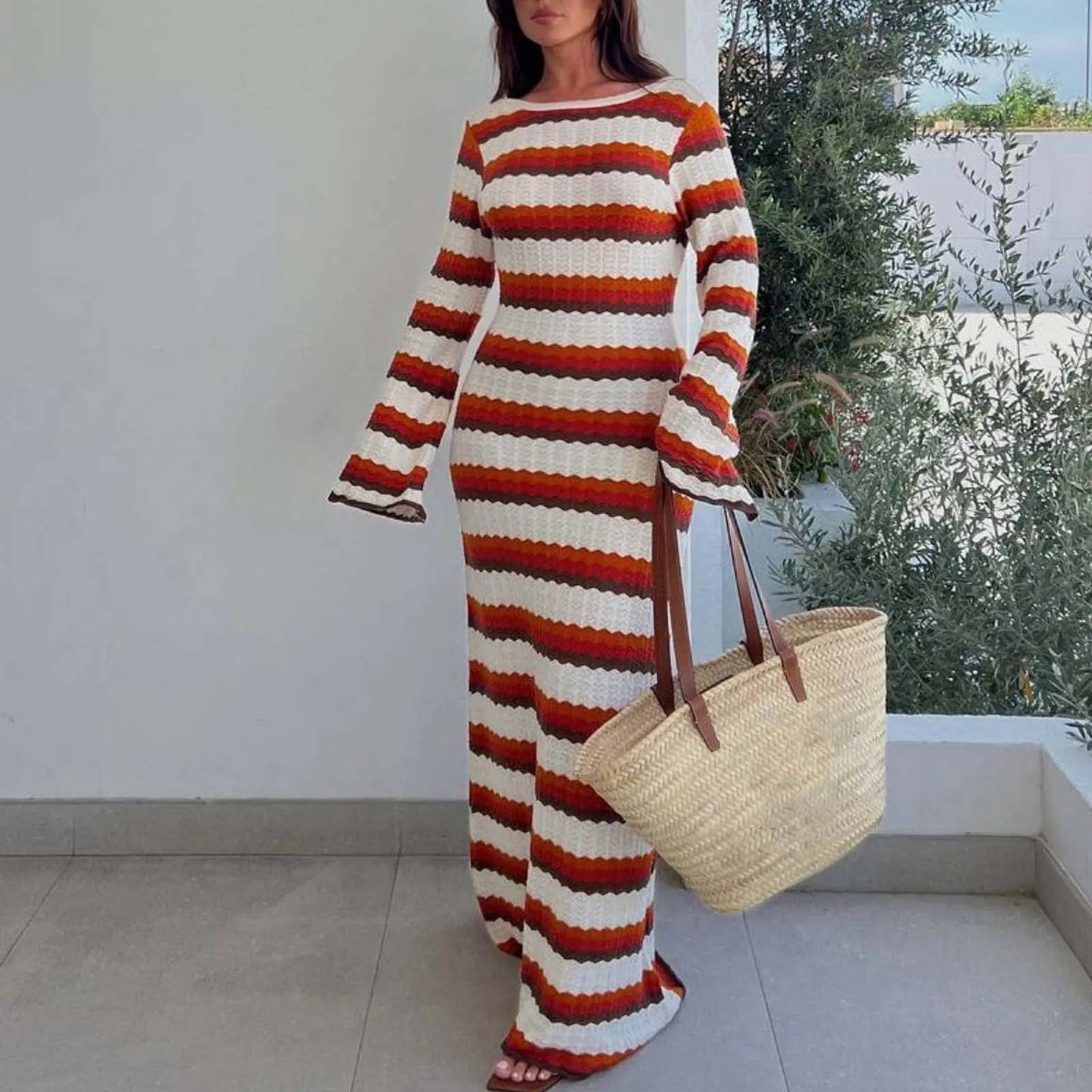 Knitted Hollow Out Dress Women's Striped Print Contrast Color Beach Vacation Long Dress female sexy backless Maxi Dress Vestidos