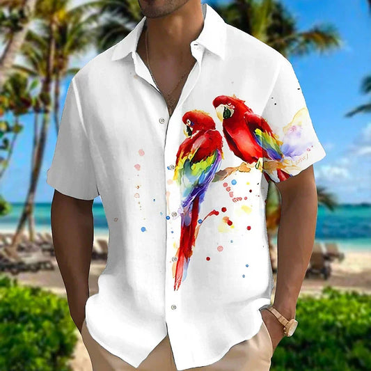 2023 NEW Spring And Autumn 3D Color Splash Parrot Print men's long-sleeved Shirt Solid Color Stand Collar Casual Style Plus Size