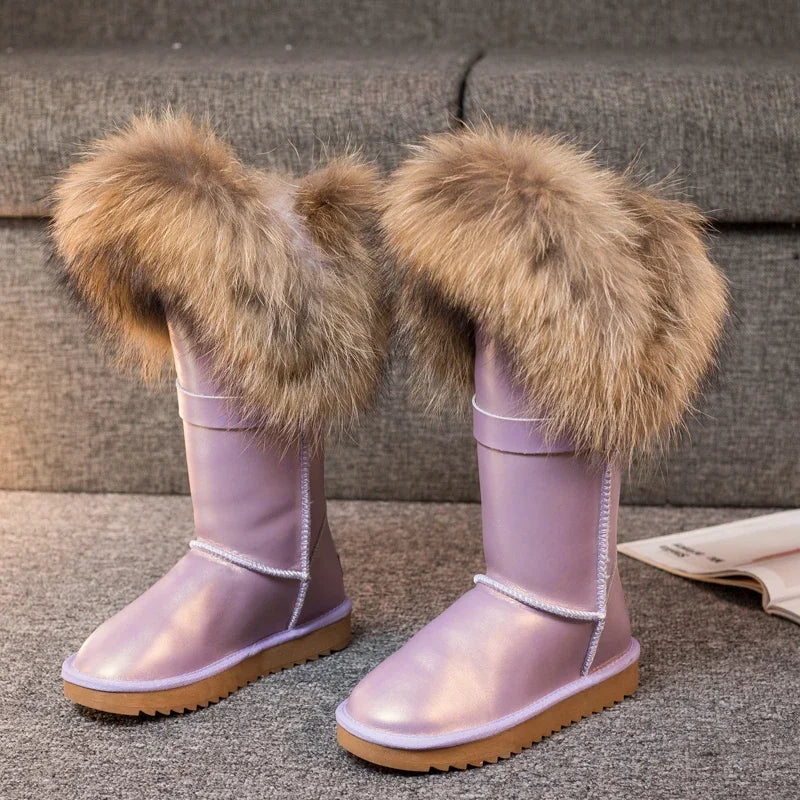 Luxury Winter Women Boots Natural Fox Fur Snow Boots Genuine Leather Mid-calf Boots Cow Anti-slip Waterproof Warm Flat Boots