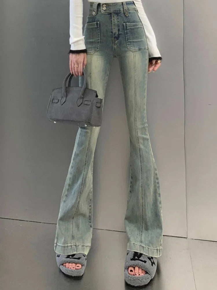 Pockets Vintage High Waist Skinny Jeans Female Hong Kong Style Denim Bell Bottom Pants Spicy Girl Blue Oversized Boot Cut Jeans