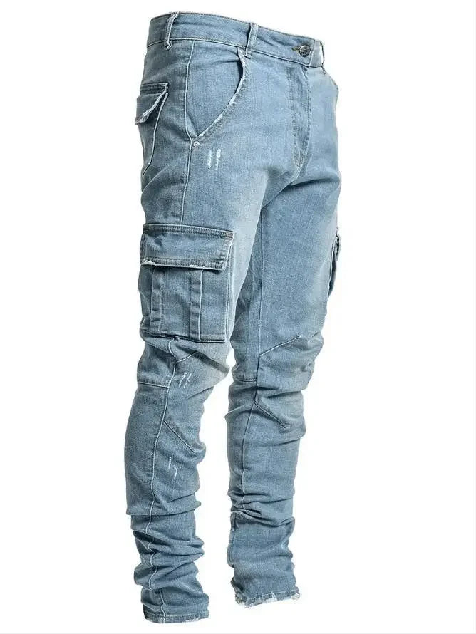 new Jeans Men Pants Wash Solid Color Multi Pockets Denim Mid Waist Cargo Jeans Plus Size Fahsion Casual Trousers Male Daily Wear