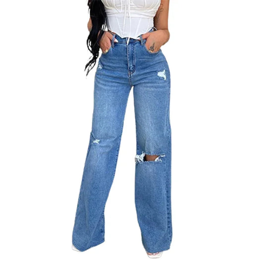 New Knee Broken Holes Hollow Out Straight Jeans Women High Waist Button Splicing Denim Pants Female Casual Wide Leg Trousers