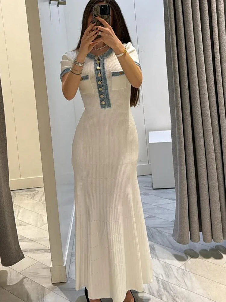 Elegant V Neck Denim Patchwork Knitted Long Dress