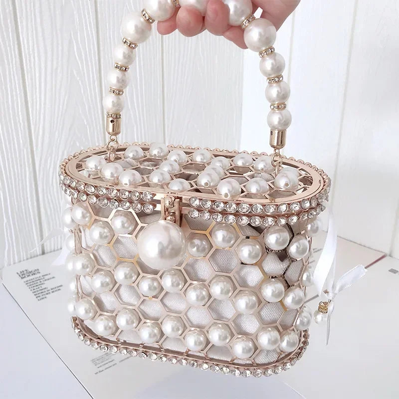 Clutch Purse Luxury for Women Pearl Crossbody Bag Metallic Diamond Handbag Evening Bag Large Capacity Women's Purse Wedding Bag