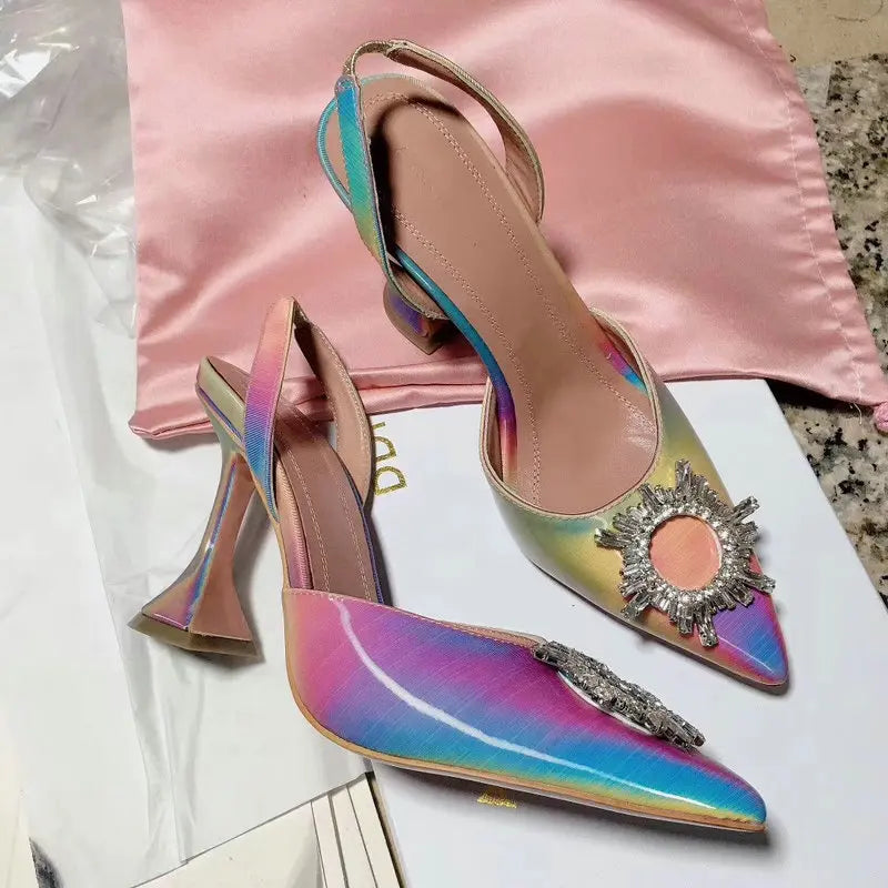 Women Pumps Silk Satin Pointy Toe Rhinestone Crystal High Heels