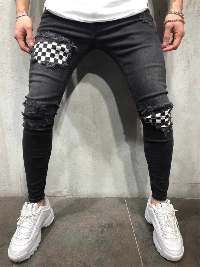 Men Casual Checkerboard Print jeans