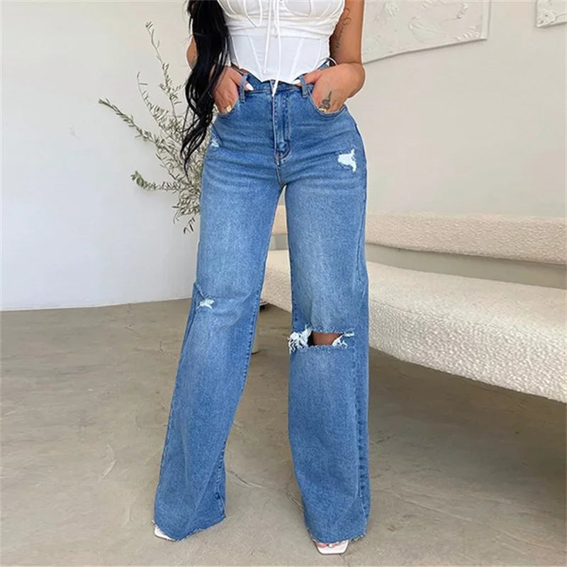 New Knee Broken Holes Hollow Out Straight Jeans Women High Waist Button Splicing Denim Pants Female Casual Wide Leg Trousers