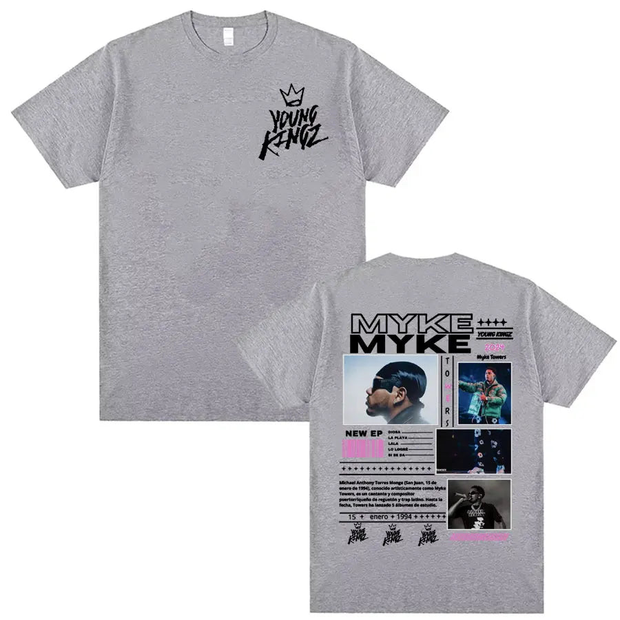 Rapper Myke Towers Young Kingz Album Graphics T Shirts Men Women Fashion Vintage Hip Hop T-shirt Casual Cotton Oversized T Shirt