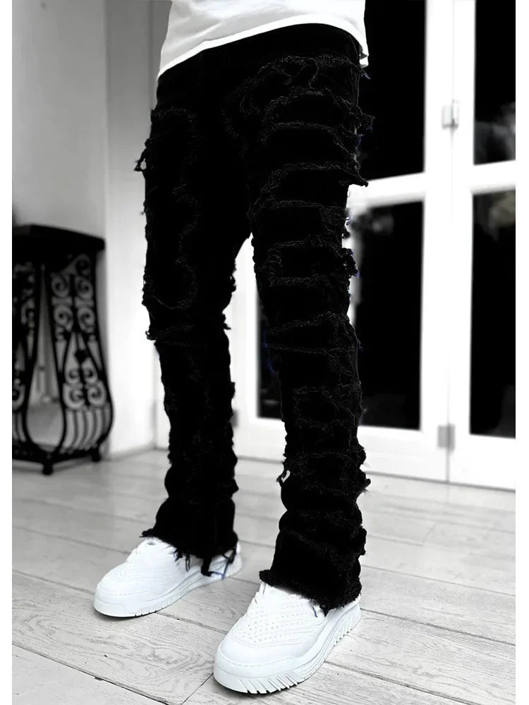 Men's New Creative Tassels Decoration Straight Fit Jeans Casual Medium Stretch Street Style Denim Pants For All Seasons