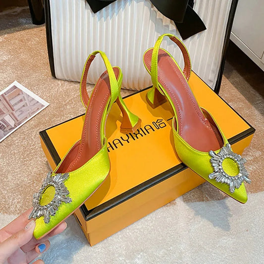 Women Pumps Silk Satin Pointy Toe Rhinestone Crystal High Heels