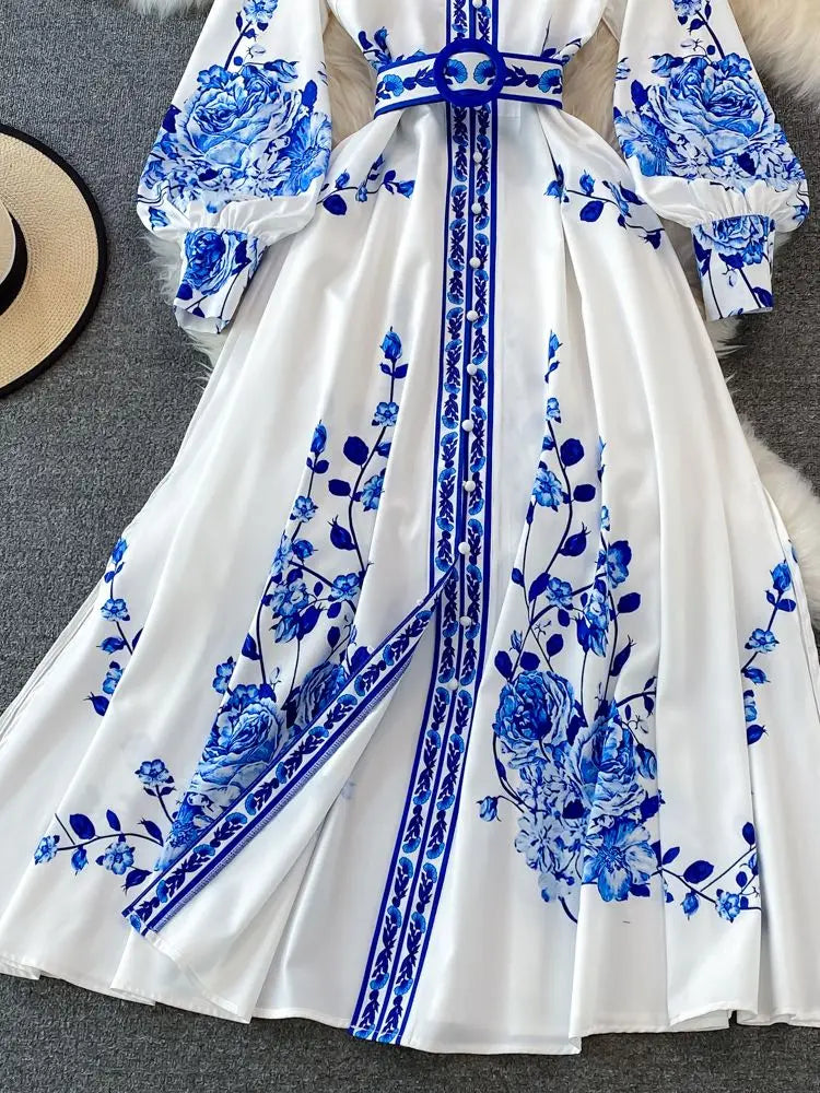 Fashion Blue And White Porcelain Flower Print Dress Women Clothing Long Lantern Sleeve Single Breasted Belt Vintage Vestidos