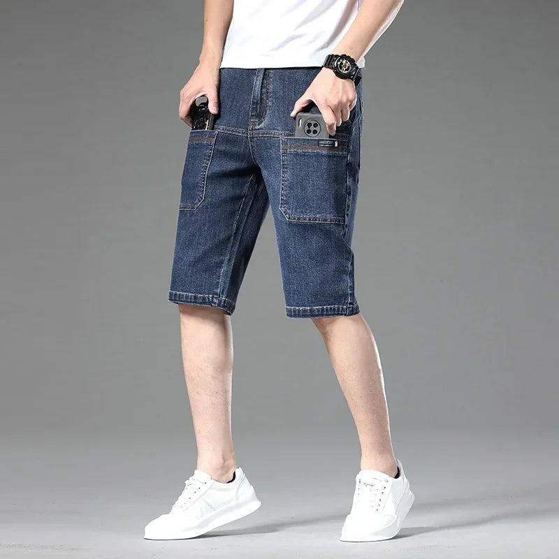 Summer Multi-pocket Thin Denim Shorts for Men Loose Straight Stretch Versatile Casual Short Jeans Male Brand Clothing