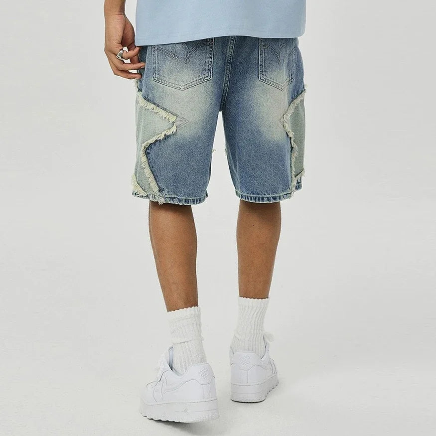 Stars Patchwork High Street Washed Baggy Jeans Shorts for Men Wide Leg Straight Casual Denim Shorts Five Point Pants Oversized