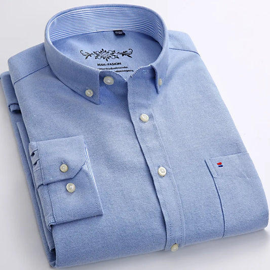 New Men's Long Sleeve Oxford PlaidStriped Casual Shirt Front Patch Chest PocketRegular-fit Button-down Collar Thick Work Shirts