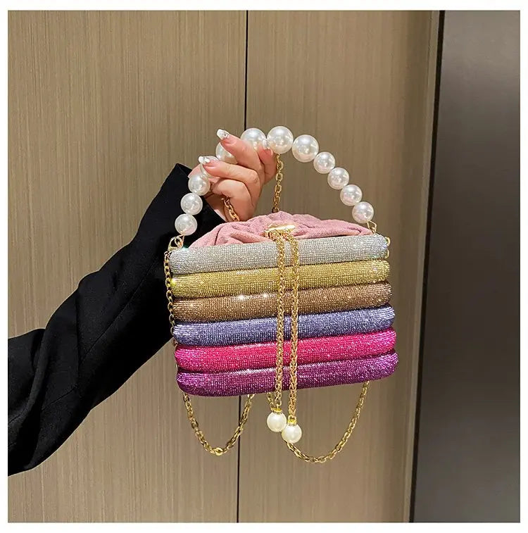 Clutch Purse Luxury for Women Pearl Crossbody Bag Metallic Diamond Handbag Evening Bag Large Capacity Women's Purse Wedding Bag