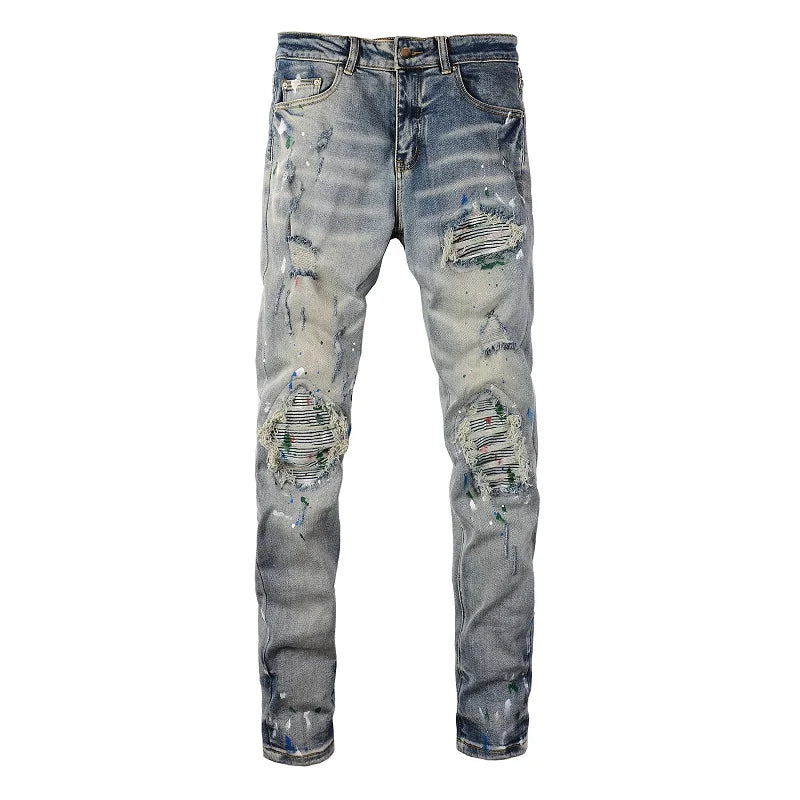 Men Painted Stretch Denim Biker Jeans Streetwear Cracked Patch Patchwork Holes Ripped Distressed Pants Skinny Tapered Trousers