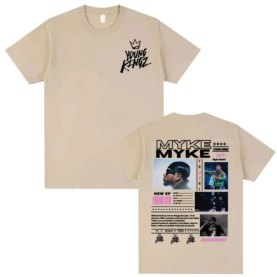 Rapper Myke Towers Young Kingz Album Graphics T Shirts Men Women Fashion Vintage Hip Hop T-shirt Casual Cotton Oversized T Shirt