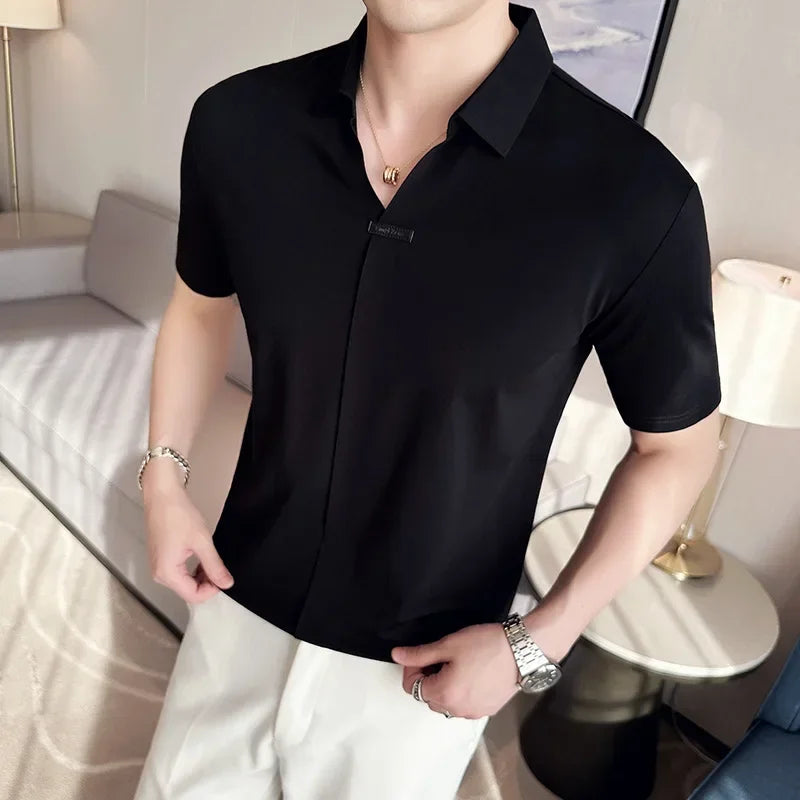 High Elasticity Mens Short Sleeved T-shirt 2024 Summer Breathable and Soft Solid Casual Slim Fit Ice Silk T-shirt Men Clothing