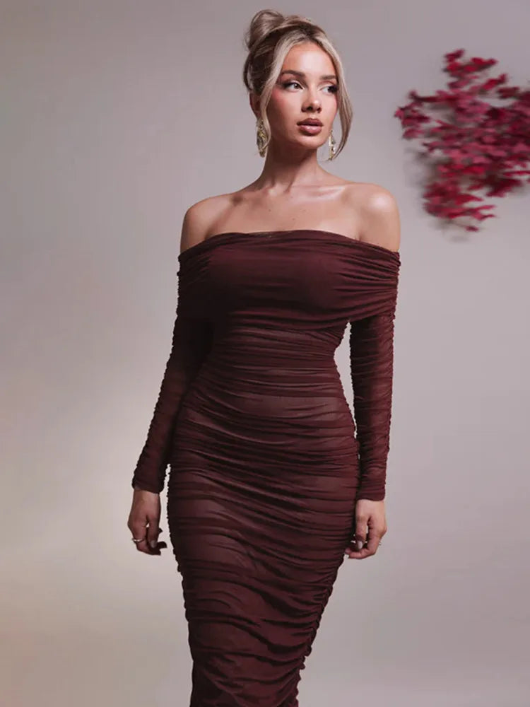 Mozision Off-shoulder Long Sleeve Sexy Maxi Dress For Women Autumn New Strapless Backless Bodycon Ruched Party Long Dress