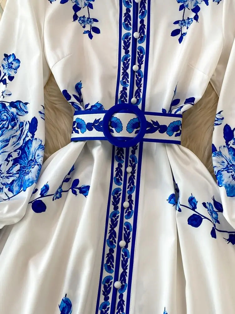 Fashion Blue And White Porcelain Flower Print Dress Women Clothing Long Lantern Sleeve Single Breasted Belt Vintage Vestidos