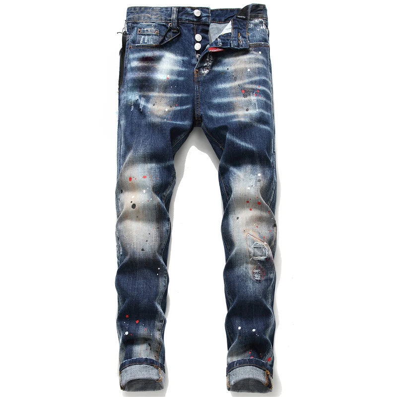 Men Blue Holes Ripped Denim