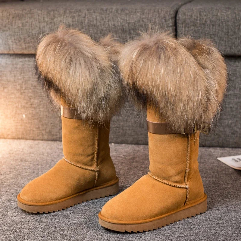 Luxury Winter Women Boots Natural Fox Fur Snow Boots Genuine Leather Mid-calf Boots Cow Anti-slip Waterproof Warm Flat Boots