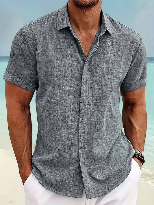 New men's solid color short-sleeved shirt Summer solid color lapel casual beach style cardigan polyester shirt