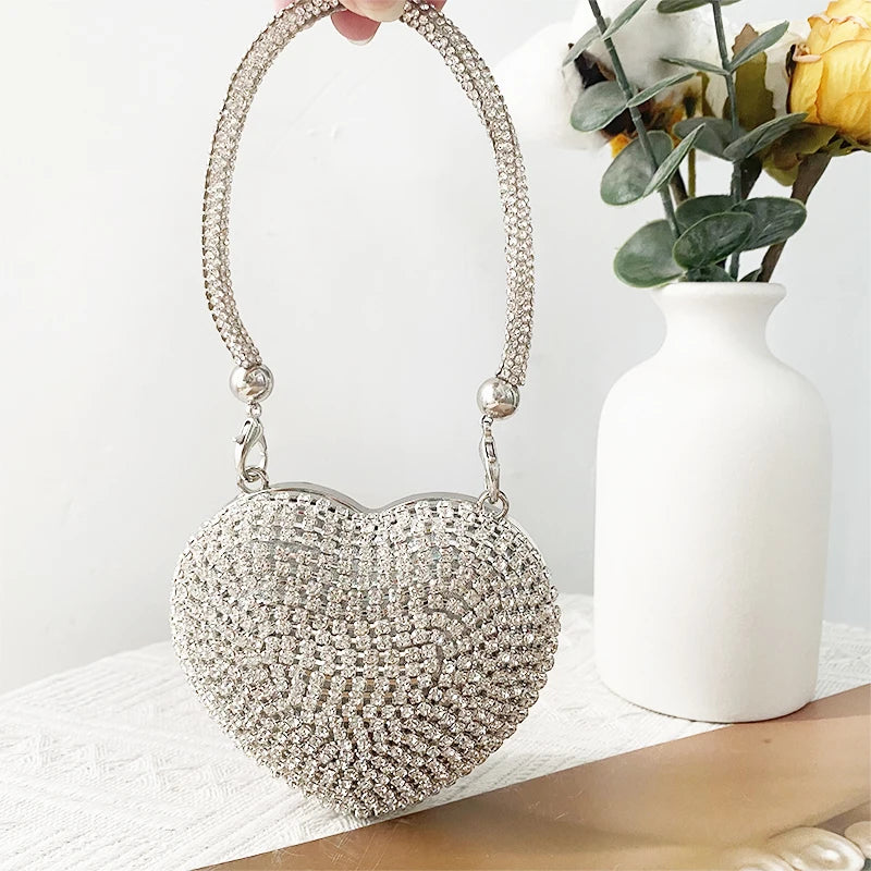 Ladies Mini Sparkling Heart Shape Diamond Evening Clutch Fashion Rhinestones Purse Bag