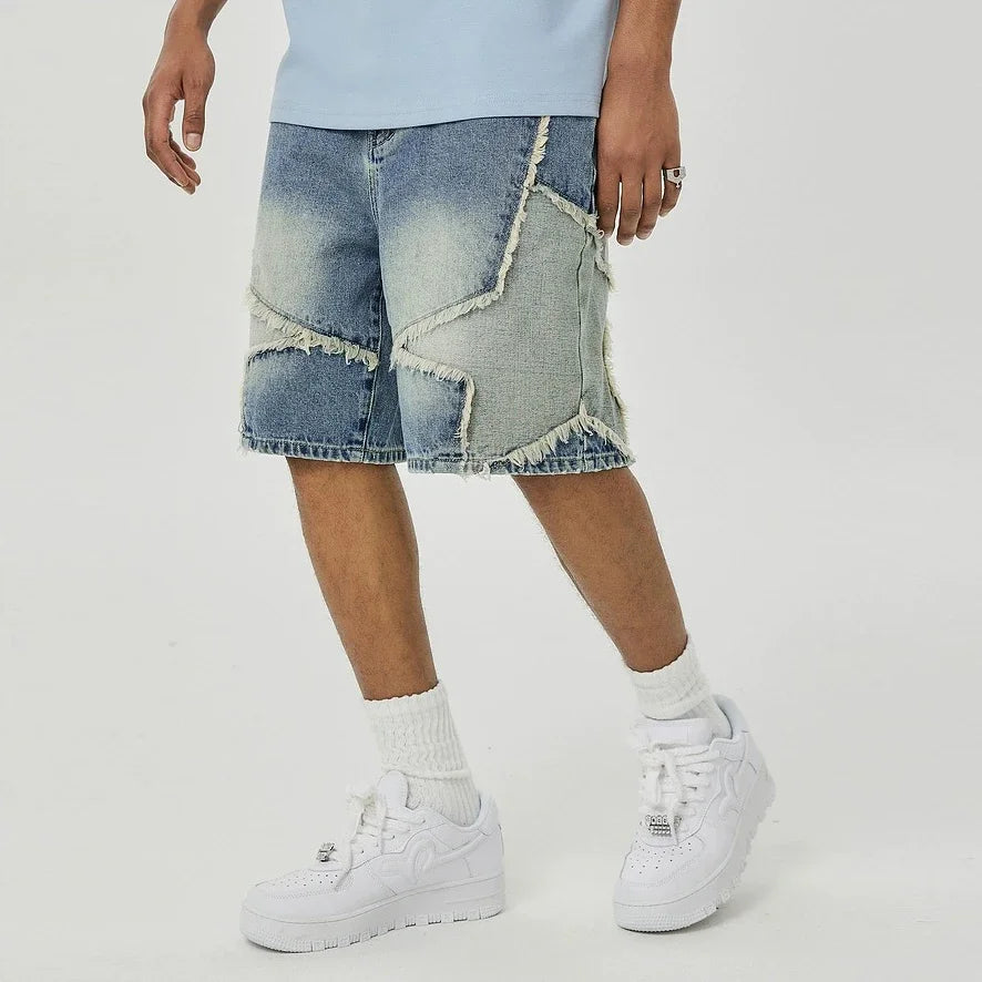 Stars Patchwork High Street Washed Baggy Jeans Shorts for Men Wide Leg Straight Casual Denim Shorts Five Point Pants Oversized