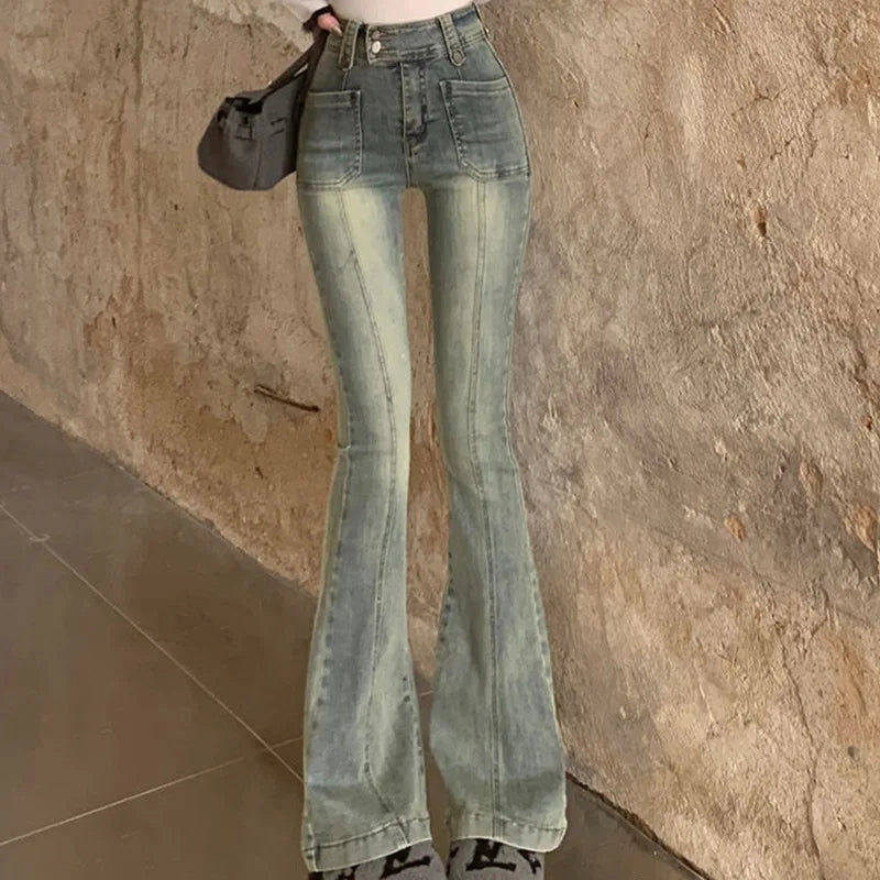 Pockets Vintage High Waist Skinny Jeans Female Hong Kong Style Denim Bell Bottom Pants Spicy Girl Blue Oversized Boot Cut Jeans