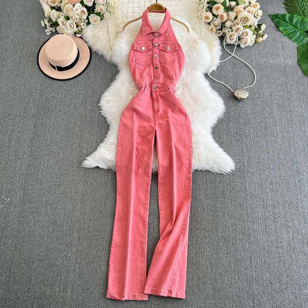 Neploe New Vintage Turn-down Collar Sleeveless Bodysuit Korea High Waist Elegant Jumpsuit Safari Style Denim Straight Ropa Mujer