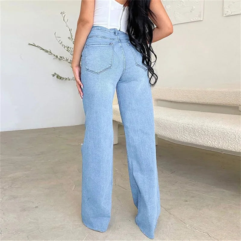 New Knee Broken Holes Hollow Out Straight Jeans Women High Waist Button Splicing Denim Pants Female Casual Wide Leg Trousers